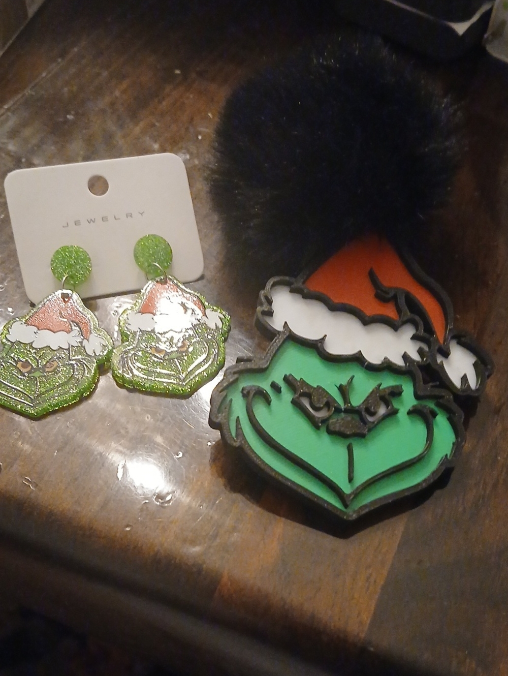 Green Grinch Pom Keychain and Matching Earrings Set - Kids Jewelry